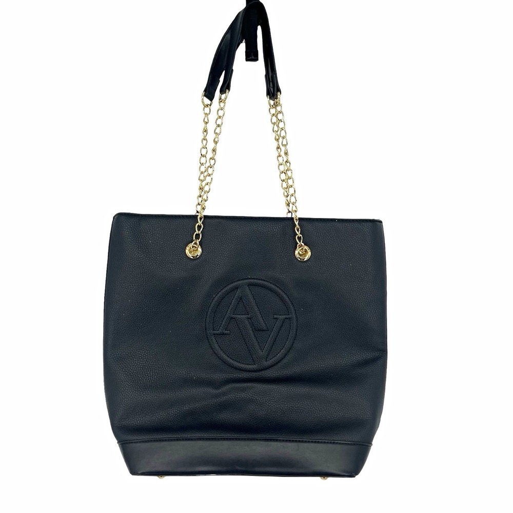 Adrienne Vittadini Black Tote Handbag Gold Chain Shoulder Bag Logo Large Purse